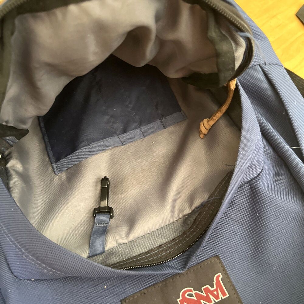 Vintage 1990s Classic Jansport Navy Backpack Leather Bottom Bag Made in USA - Picture 4 of 10